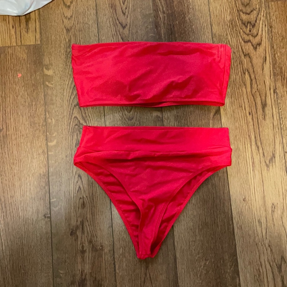 Red strapless bikini